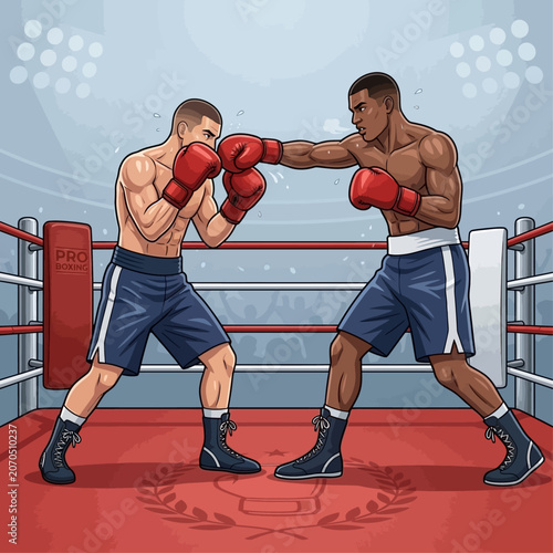 Two boxers intensely fighting in a crowded sports arena with red ring
