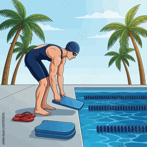Swimmer prepares to dive into a pool on a sunny day with palm trees