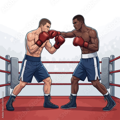 Two boxers intensely competing in a boxing ring during a match