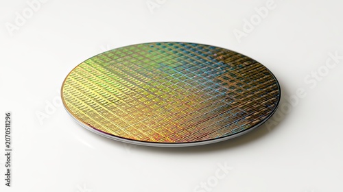 Colorful silicon wafer with intricate patterns.