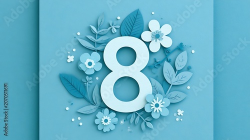 Decorative blue paper cut number eight with floral arrangement