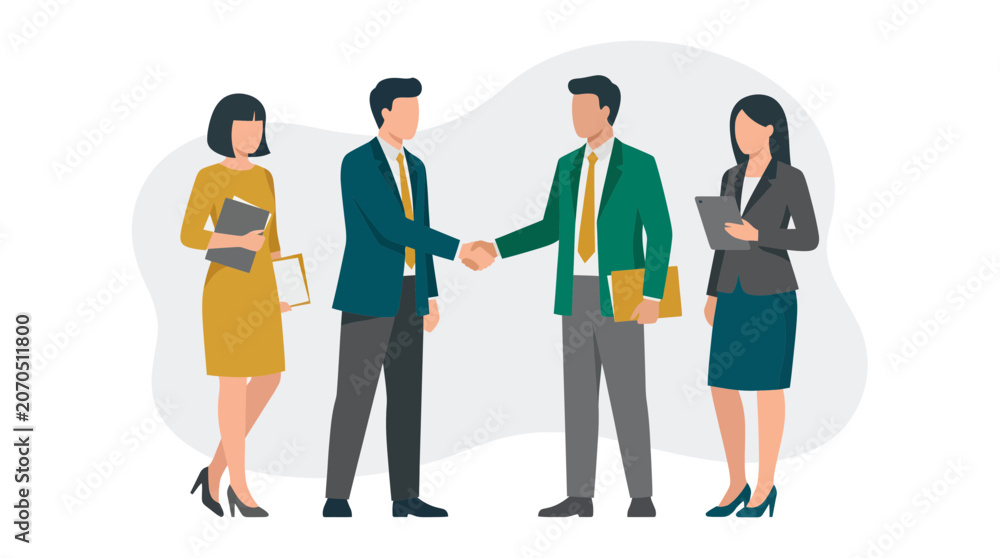 Obraz premium Business people shaking hands during a meeting with colleagues standing nearby vector illustration, representing successful corporate partnership and professional business agreement