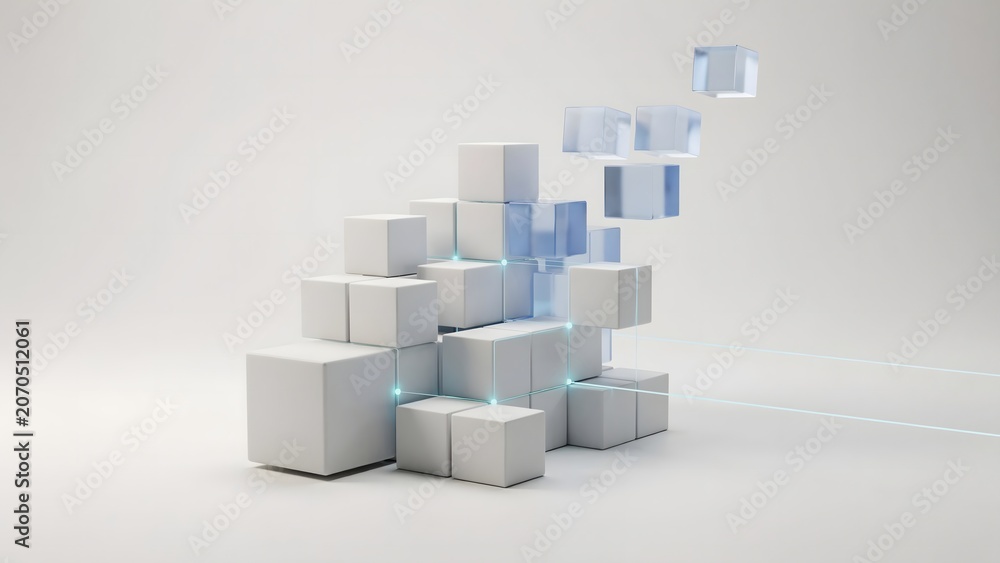 Fototapeta premium White and pale blue cubes building seamless network – Perfect for logistical efficiency models, customer relation systems, or workflow fluidity.