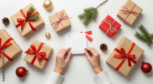 Hands wrapping Christmas gifts with festive decorations and a blank card for personalization
