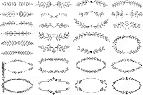 A collection of hand-drawn floral dividers and decorative oval frames.