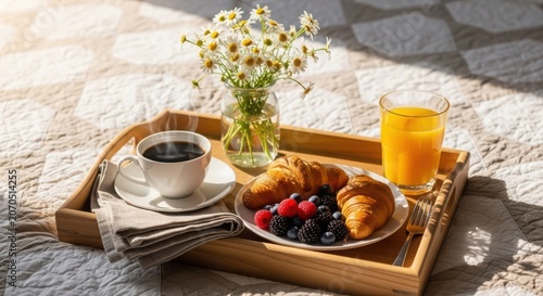 Cozy breakfast tray with coffee and fresh fruit on a bed coffee cup strawberries blueberries