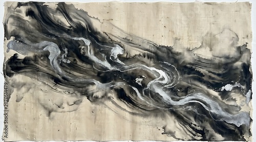 Abstract ink painting with flowing black and silver metallic textures