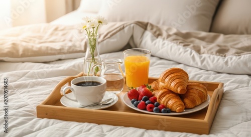 Cozy breakfast tray with coffee and fruit on a bed with striped sheets coffee cup orange juice