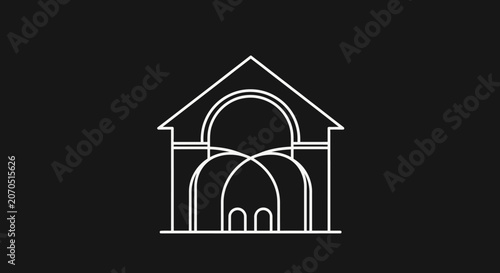 Konstfotografi Minimalist white line house icon with gabled roof and arches