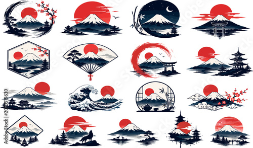 Collection of Traditional Japanese Mount Fuji Vector Illustrations Featuring Red Sun, Cherry Blossoms, Pagodas, Torii Gates, and Zen Landscapes for Travel and Cultural Design Projects