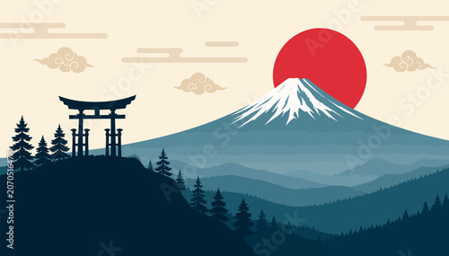 Photos Minimalist Japanese Landscape Vector Illustration Featuring Mount Fuji, a Traditional Torii Gate Silhouette, and the Iconic Rising Sun over a Pine Forest with Layered Mountains