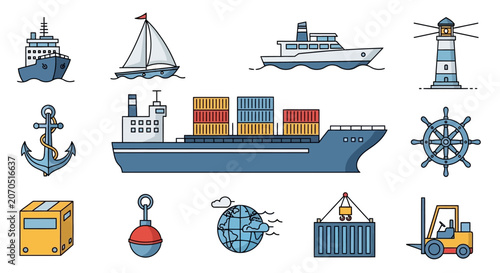 Assortment of transportation and travel icons on blue background.