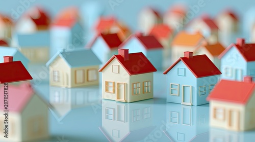 Colorful miniature houses arranged on a reflective surface