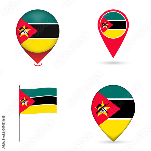 Mozambique Flag Map Pin Icons Set Collection.