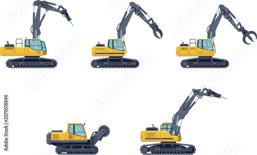 Quadro su tela Set of heavy construction machinery excavators with different attachments