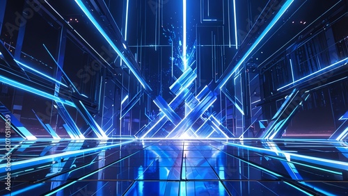 A futuristic digital landscape illuminated by vibrant blue beams of light