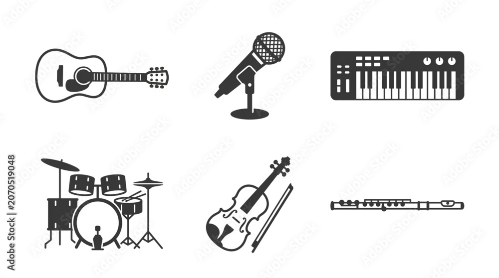 Naklejka premium Musical Instruments and Studio Equipment Black Glyph Icon Set Vector