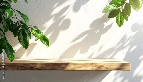 Minimal Wooden Shelf with Plant Shadow Clean Advertising Background