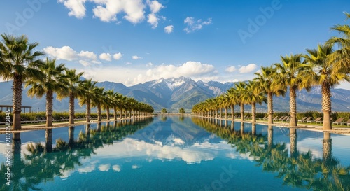 Infinity pool with turquoise water surrounded by palm trees and snow capped mountains clear sky