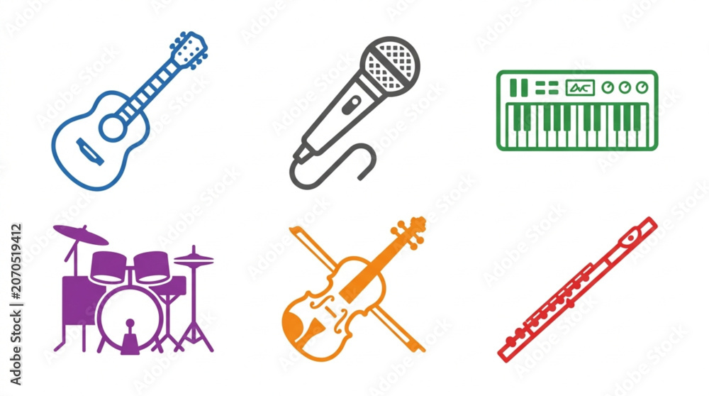 Naklejka premium Colorful Outline Musical Instruments And Studio Audio Gear Icon Set Vector
