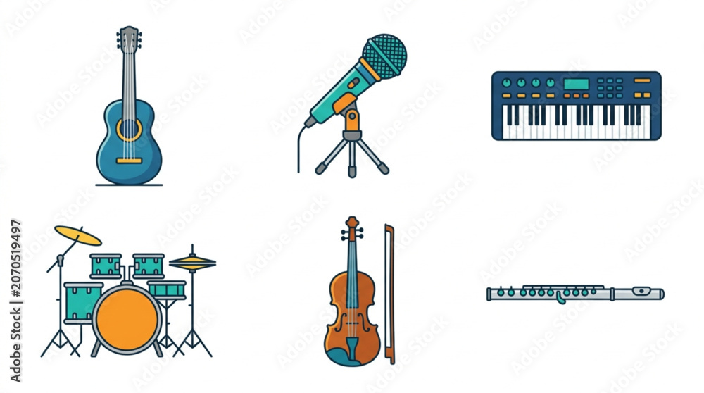 Naklejka premium Colorful Flat Vector Musical Instruments And Recording Studio Audio Gear Icon Set