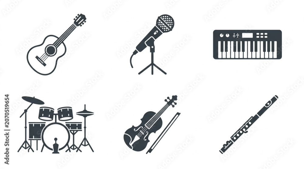 Naklejka premium Minimalist Black Vector Musical Instruments And Recording Studio Gear Glyph Icon Set