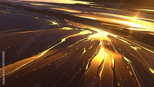 A stunning abstract landscape showcasing the beauty of light and color, reminiscent of a glowing sunset over flowing terrain, capturing the essence of nature's artistic palette.