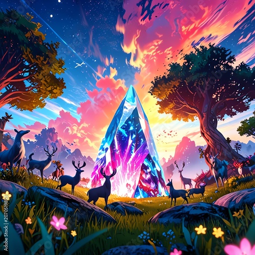 A stunning digital artwork depicting a mystical landscape with colorful skies, majestic deer, and a glowing crystal centerpiece surrounded by vibrant foliage