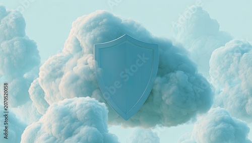 A pastel blue shield rests on a fluffy cloud against a soft sky
