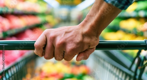 Hand grips shopping cart handle, pushing through brightly lit grocery aisle