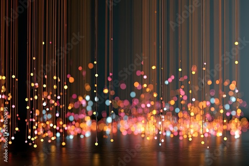 Abstract glowing strands descending into a bokeh-filled, reflective surface