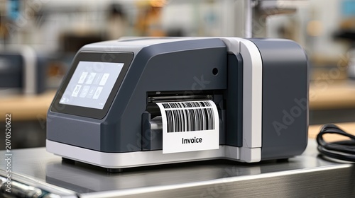 A compact device prints a barcode label with the word 