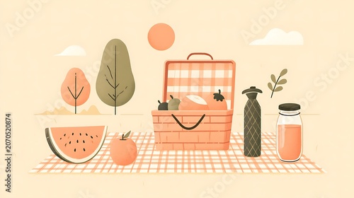 Flat vector illustration of summer picnic scene with basket and fruit