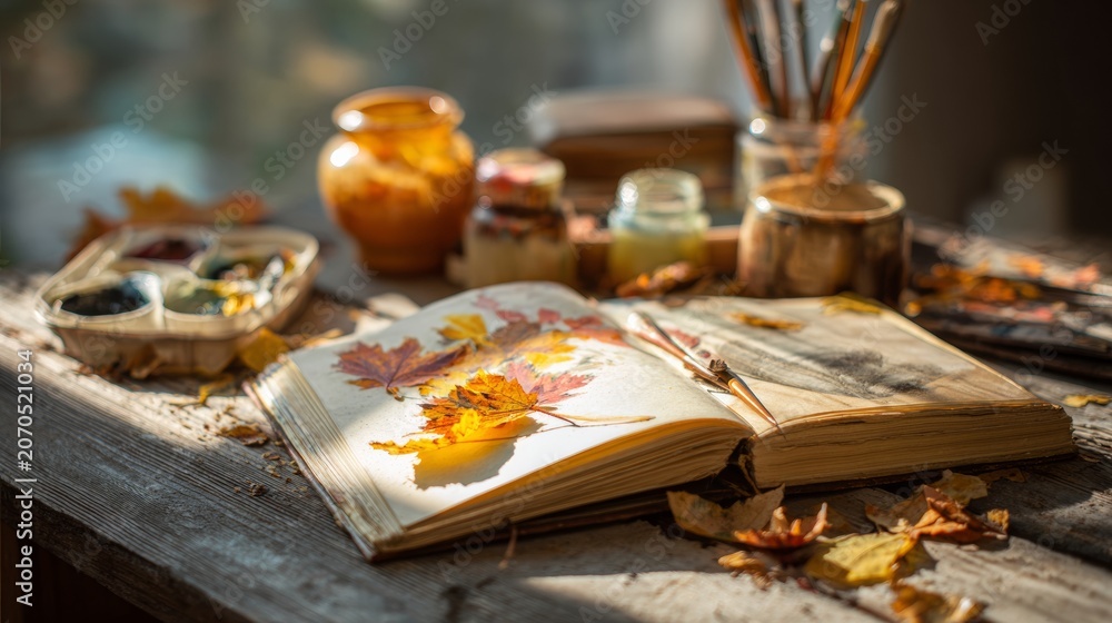 Naklejka premium book with painted autumn leaves