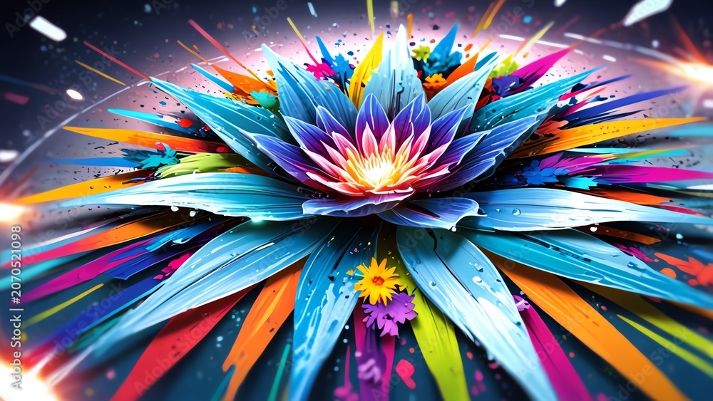 Fototapeta premium A vibrant and colorful artistic representation of a lotus flower surrounded by bright foliage and energetic splashes of color, symbolizing beauty and creativity in nature.