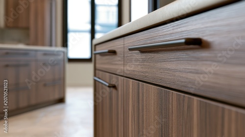 Close-up of modern kitchen cabinetry with wood grain and sleek metal handles