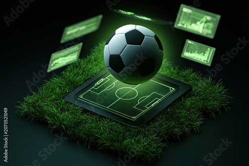 Futuristic soccer field with holographic data displays, illuminated ball