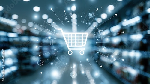 Glowing shopping cart icon with digital network over blurred store aisles