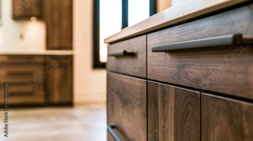 Close-up of dark wood cabinets with sleek handles, modern kitchen