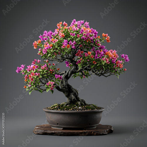 Blooming bonsai tree in pot with wooden stand.
