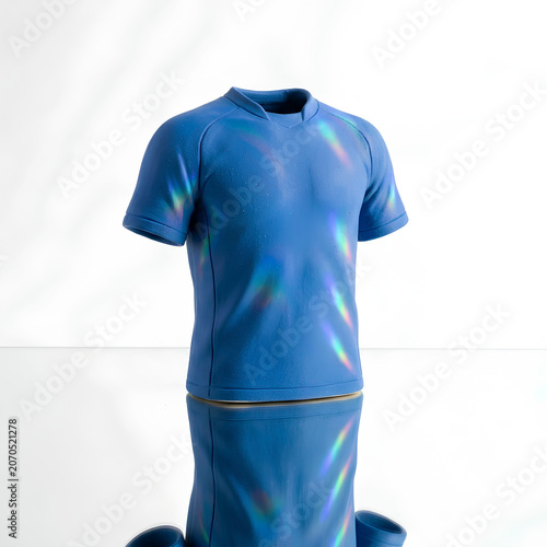 Blue athletic jersey on display mannequin.