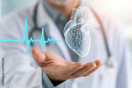 Doctor presents glowing heart hologram and vital signs with outstretched hand
