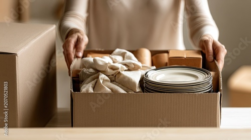 Hands carefully pack dishes, cups, and fabric into a cardboard box