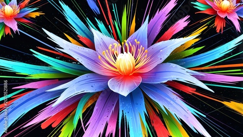 A vibrant digital illustration of a colorful flower, radiating energy with striking splashes of color against a dark background, symbolizing beauty and creativity.