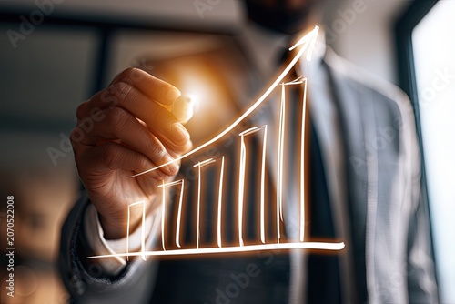 Hand drawing an upward trending business growth bar chart with a glowing arrow