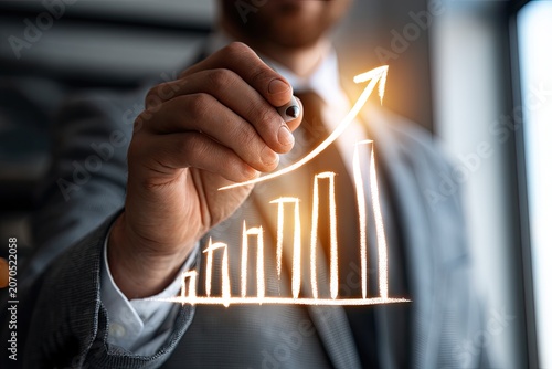 Hand draws upward trending bar graph with glowing arrows, symbolizing growth
