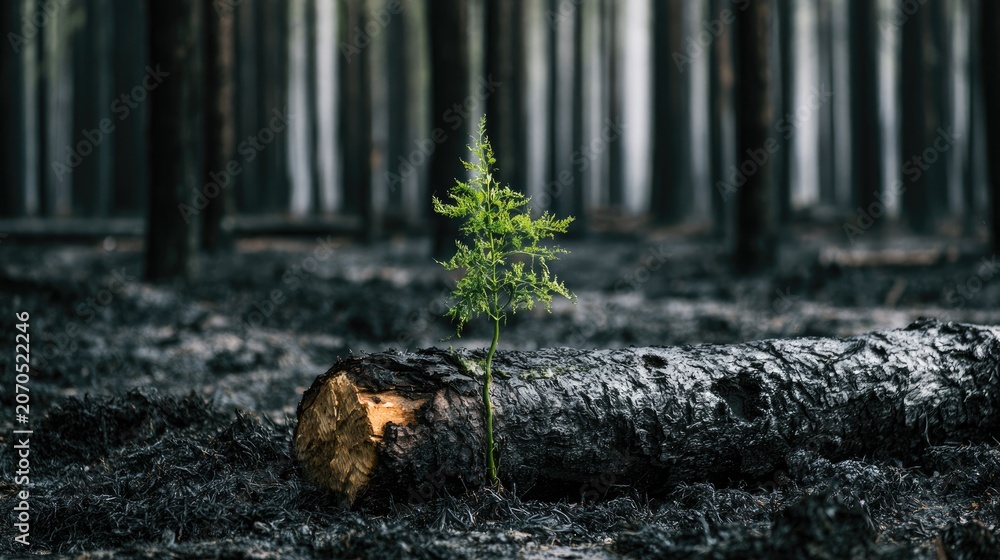 Fototapeta premium A single green sapling sprouts from a charred forest floor, amid dead trees