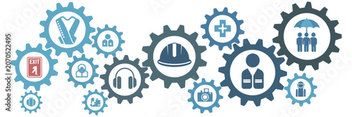 health and safety vector illustration, blue concept with industrial accident prevention icons, workplace safety training elements, hazard warning symbols and protective equipment graphics.