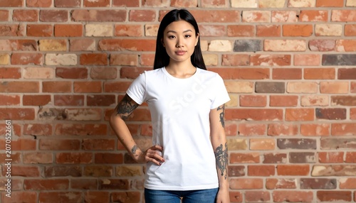 Asian woman with white shirt.