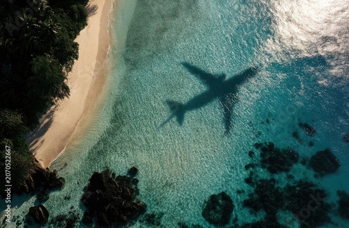 Aerial view of a plane's shadow on a tropical beach with clear turquoise water